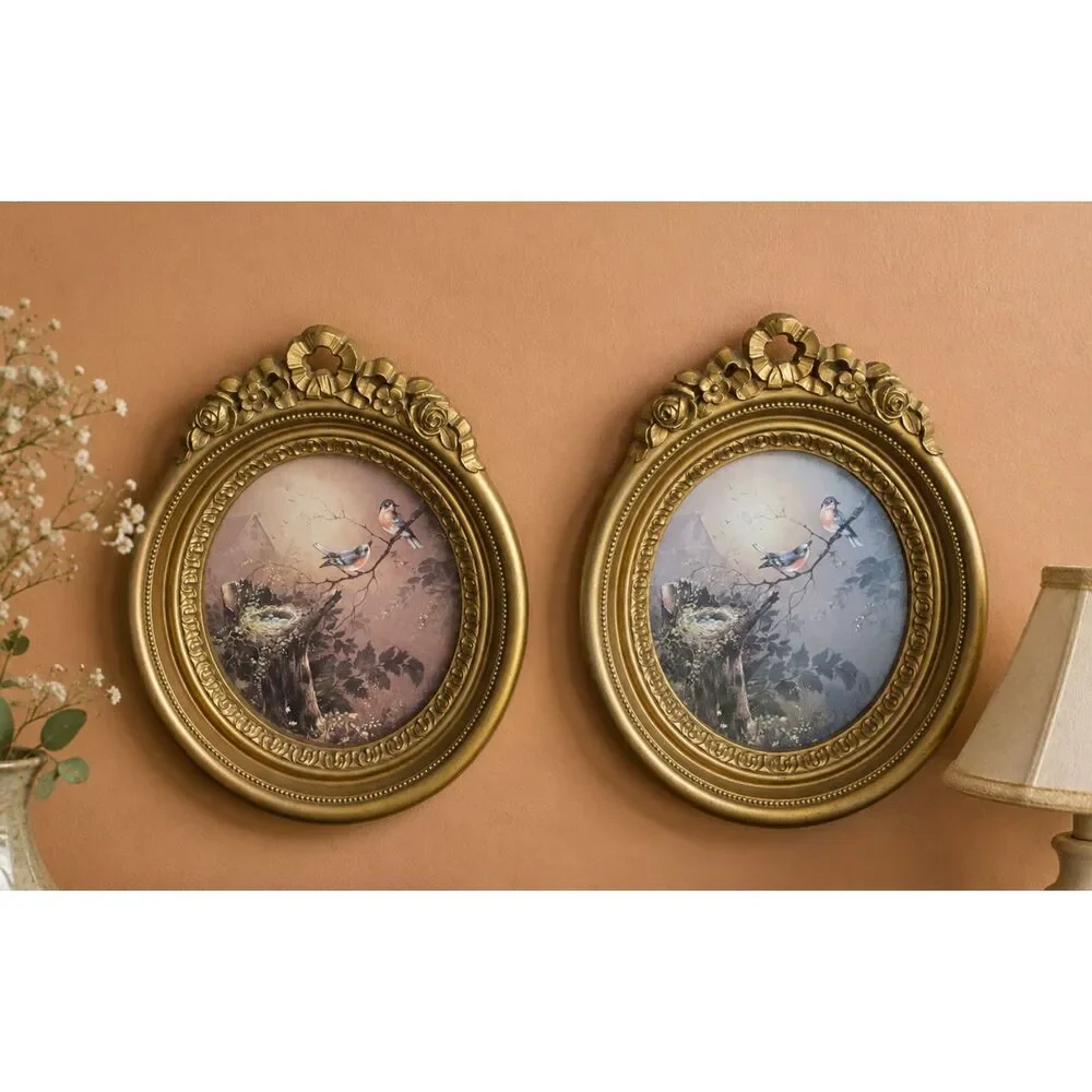 Vintage Gold Oval Bird Wall Art Frames Pair Cottagecore Floral Ornate Decor